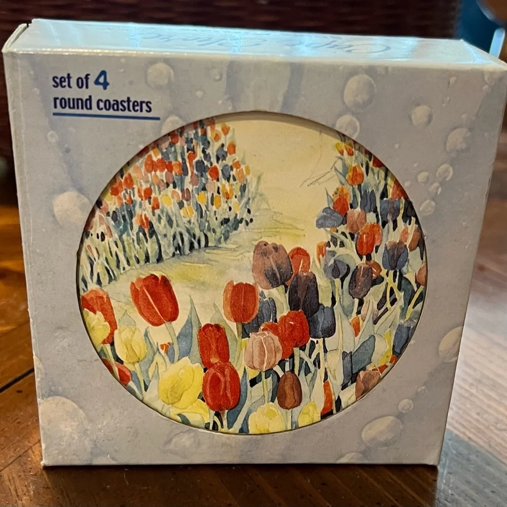 VTG Cape Shore Stone Coasters Tulips Floral Design Set Of Four NIB